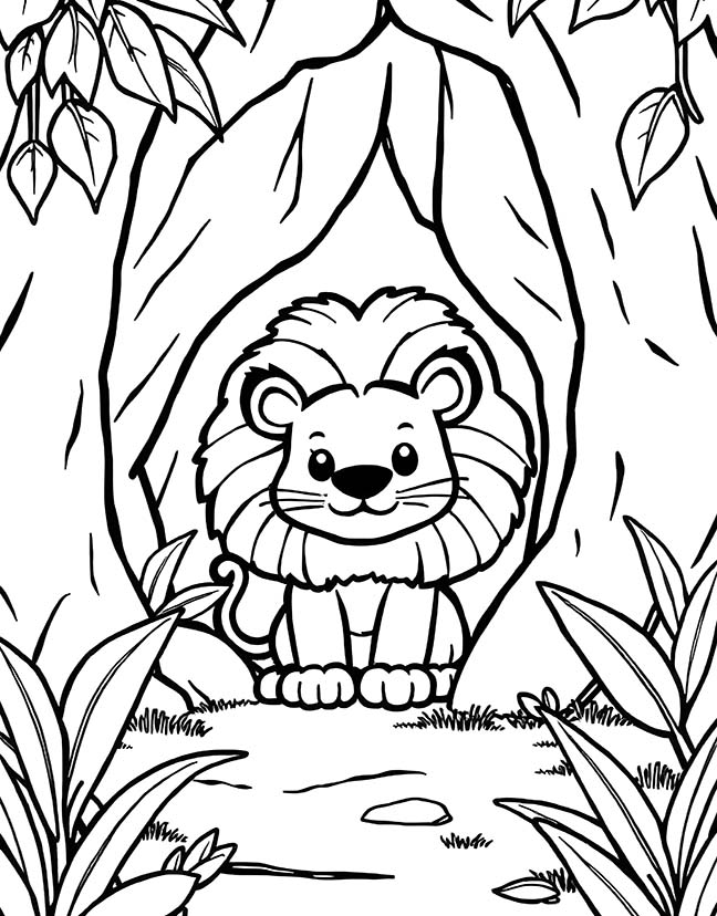 Lion den in the jungle coloring page